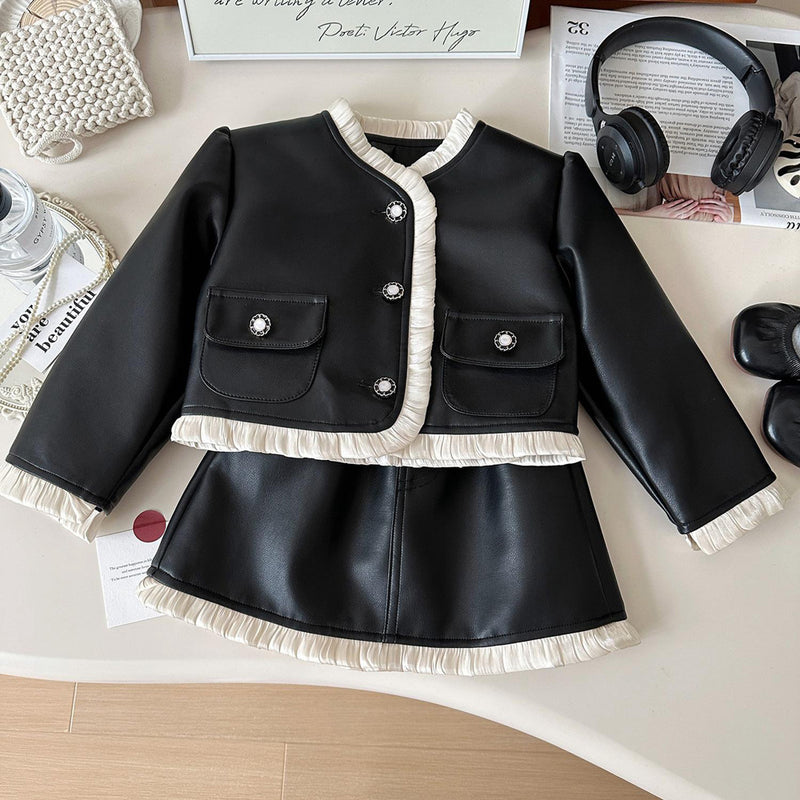 Girls Autumn Lace PU Leather Jacket Short Skirt Two-Piece Set