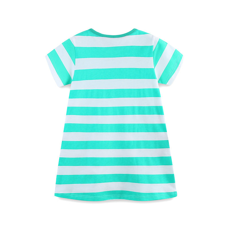 Girls Cartoon Embroidered Patch Striped Round Neck Princess Dress