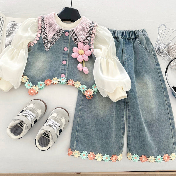 Girls' Soft Denim Vest Bottoming Shirt and Jeans Three-piece Set