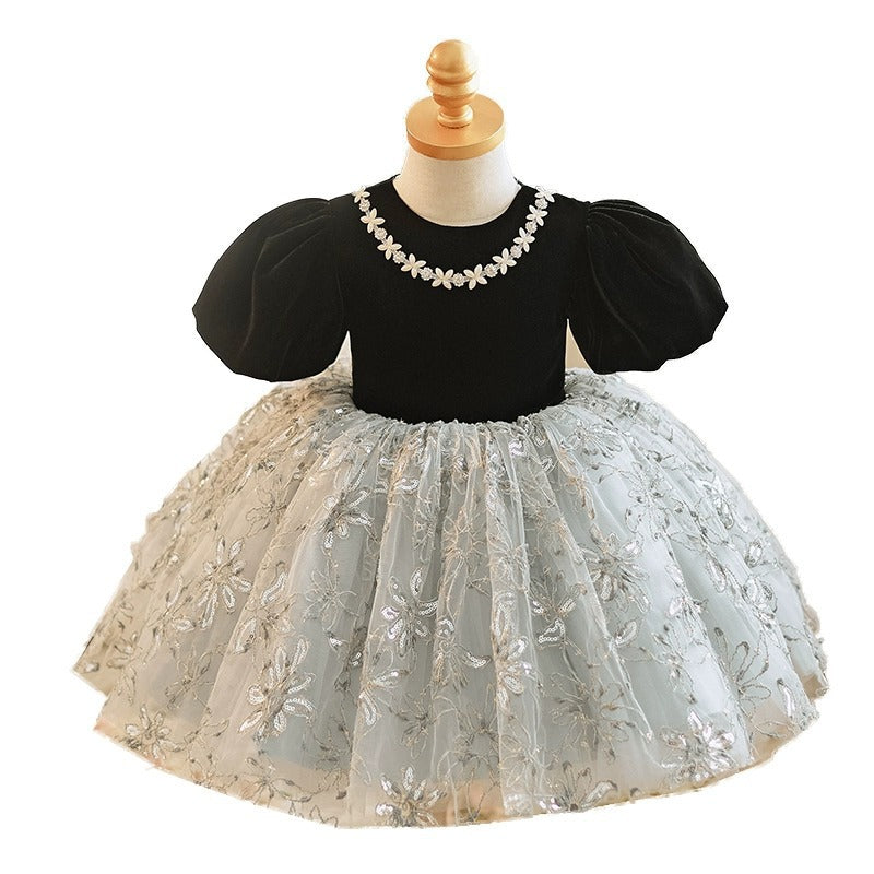 Cute Baby Girl Black Puff Sleeves Floral Fluffy Mesh Princess Dress Toddler First Communion Dress