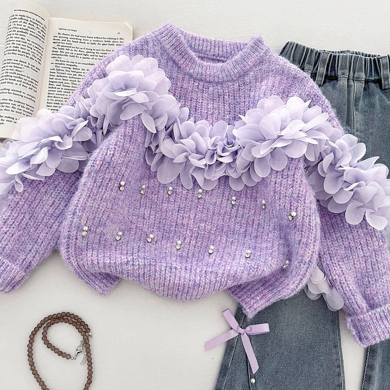Girls' 3D Flower Beaded Sweater and Flared Jeans Two-Piece Set
