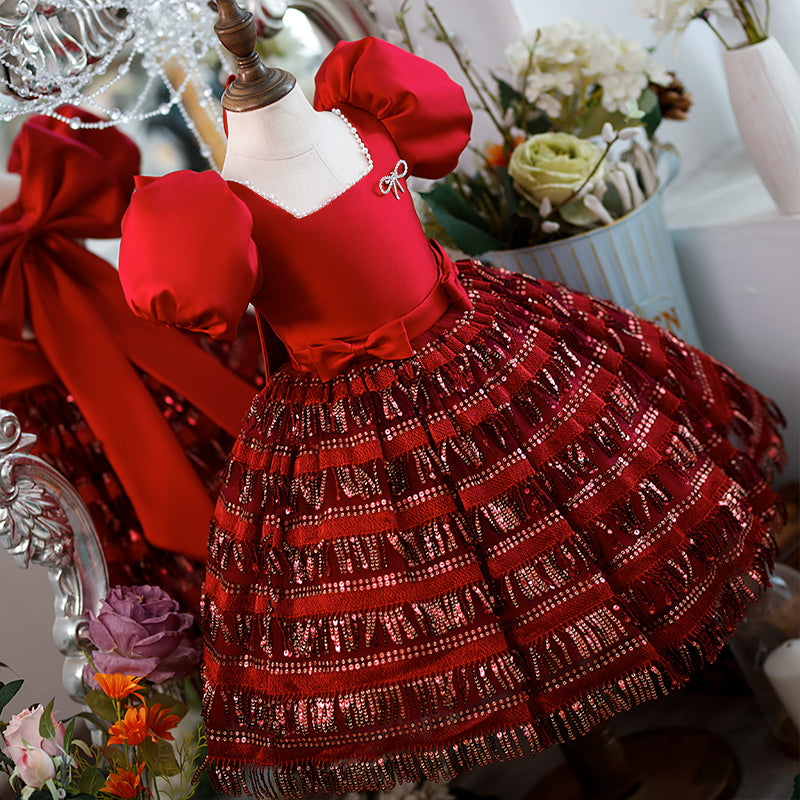 Girl Christmas Dress Toddler Prom Dress Girl Party Pageant Sequin Big Bowknot Fluffy Princess Dress