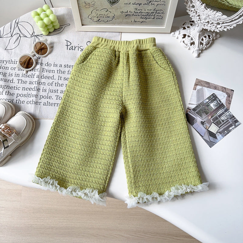 Girls' New Mesh Lace Knitted Vest Wide-leg Pants Two-piece Set