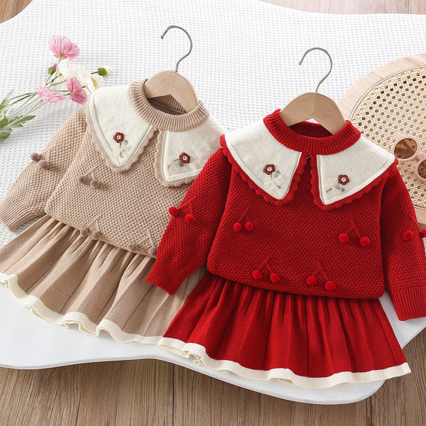 Girls' 3D Ball Flower Knitted Pullover and Short Skirt Two-Piece Set