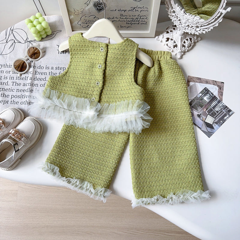 Girls' New Mesh Lace Knitted Vest Wide-leg Pants Two-piece Set
