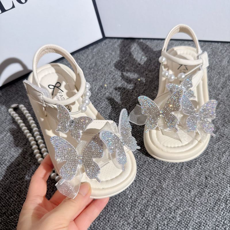 Girls Butterfly Sequins Sandals Summer Pearl Bow Princess Shoes