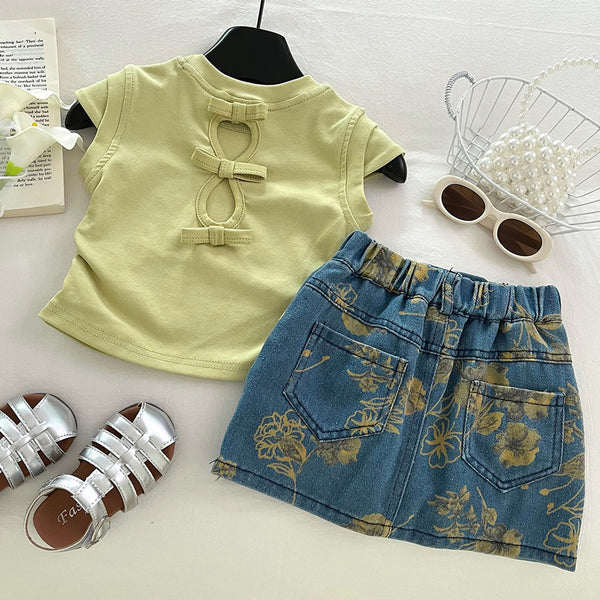 Girls Summer Printed T-shirt Denim Skirt Two-piece Set