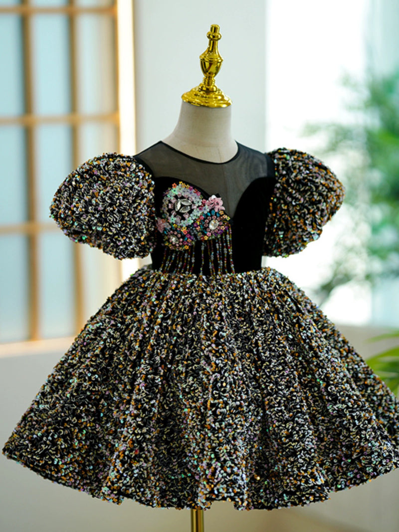 Elegant Baby Girls Black Sequins Pageant Birthday Party Princess Dress