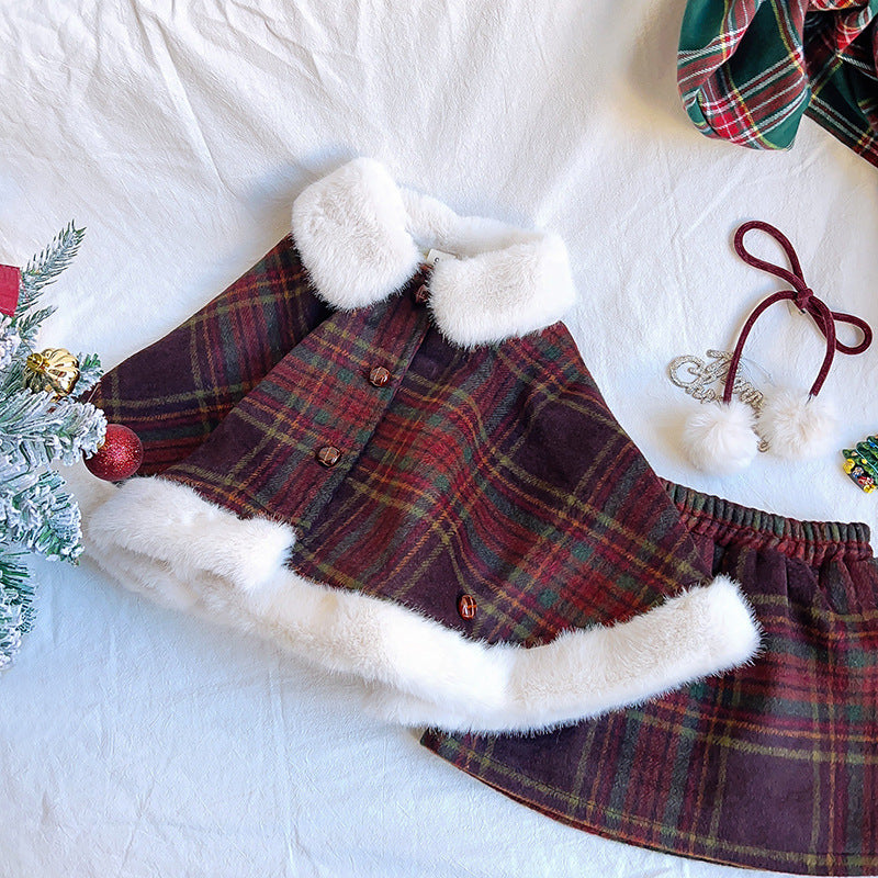 Girls' Wool Plaid Cape Skirt Two-piece Set
