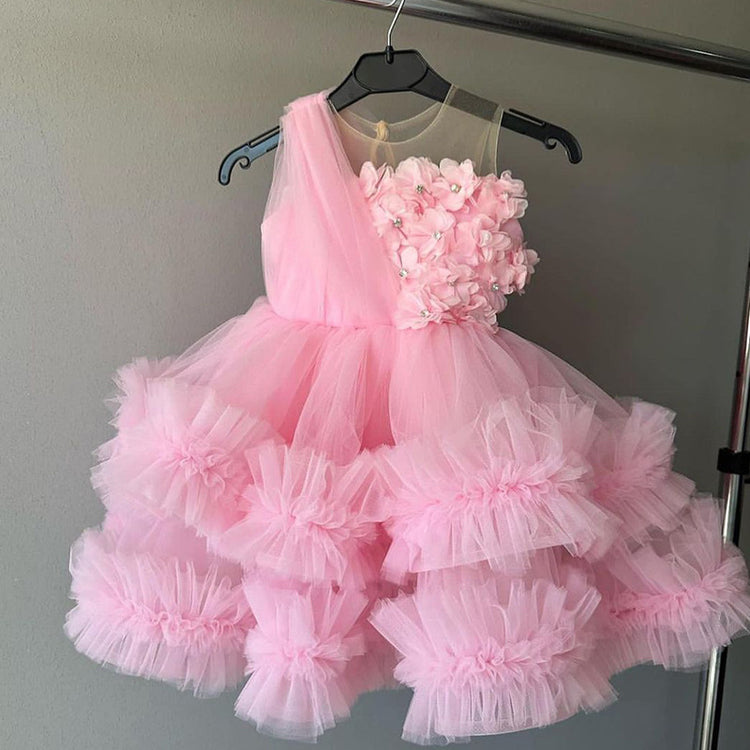 Girl Christmas Dress Baby Girl Pageant Dress Toddler Pink Flowers  Birthday  Princess Dress