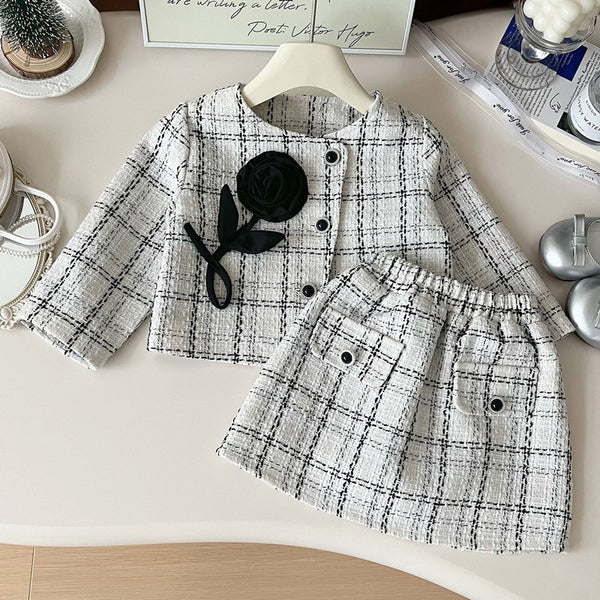 Girls' 3D Flower Jacket and Plaid Skirt Two-Piece Set