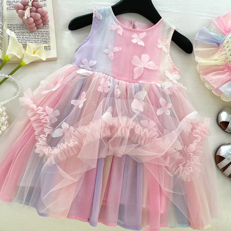 Girls Summer Rainbow Mesh Sleeveless Puffy Dress