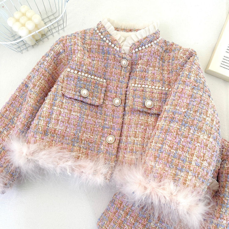 Girls New Winter Warm Coat and Skirt Two-piece Set