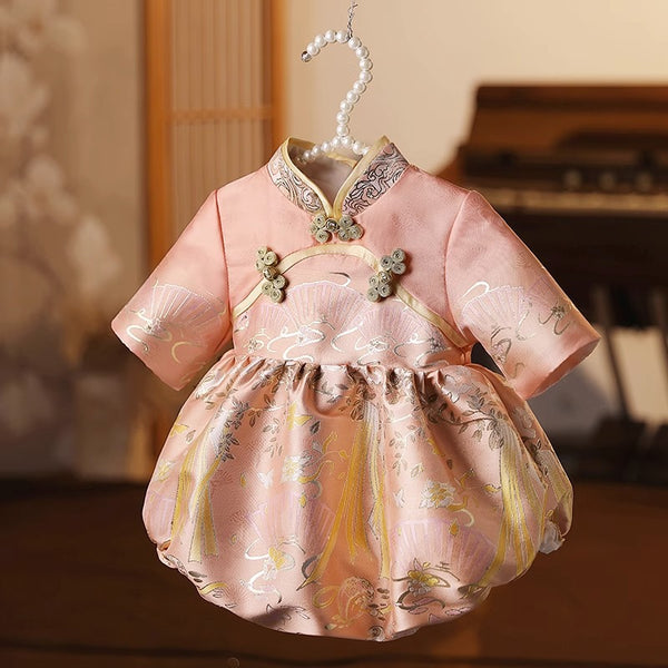 Cute Baby Girl Pink Buckle Printed Baby Romper
