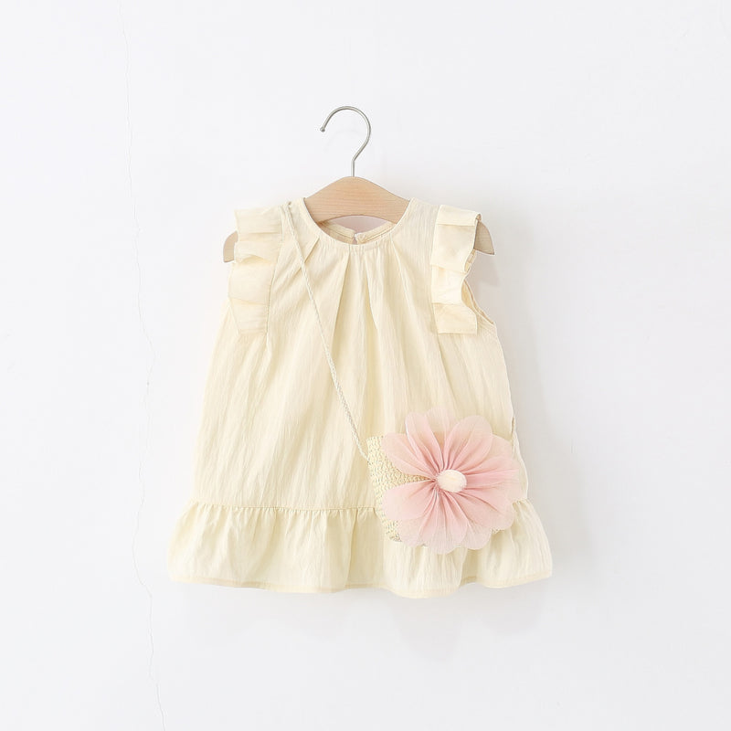 Summer Girls Solid Color Back Bunny Ear Flying Sleeve Dress
