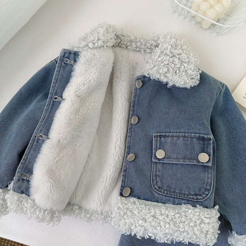 New Girls' Fur-lined Denim Jacket Skirt Two-Piece Set