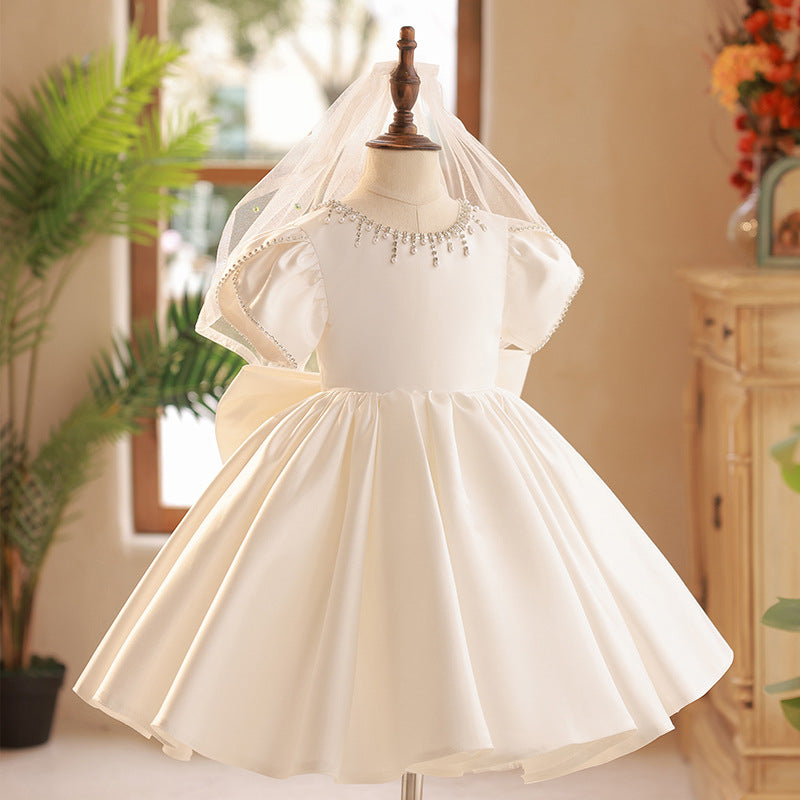 Elegant Baby Girl White Satin Flower Girl Dress Toddler First Birthday Dress