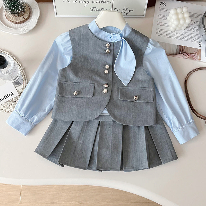 Girls' Cute New Vest Shirt Pleated Skirt Three-piece Set