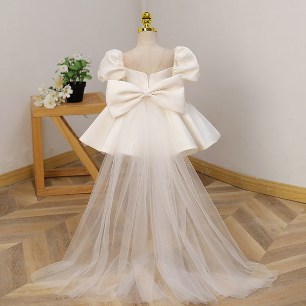 Elegant Baby Girl White Lace Puff Sleeve Bow Princess Dress Toddler First Communion Dress