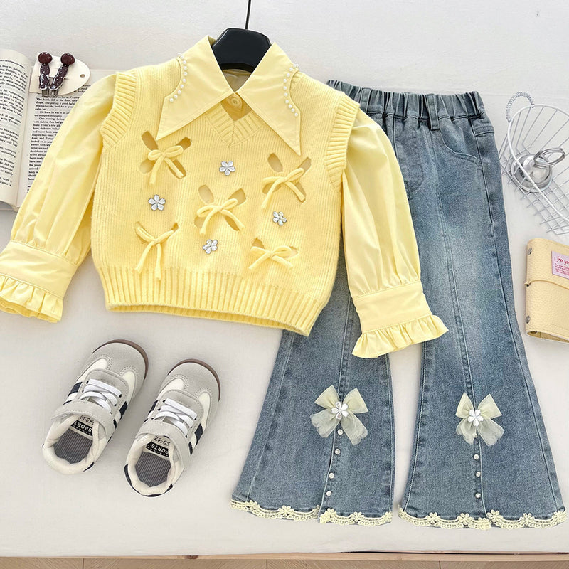 Girls' Autumn Shirt Knitted Vest Flared Pants Three-Piece Set