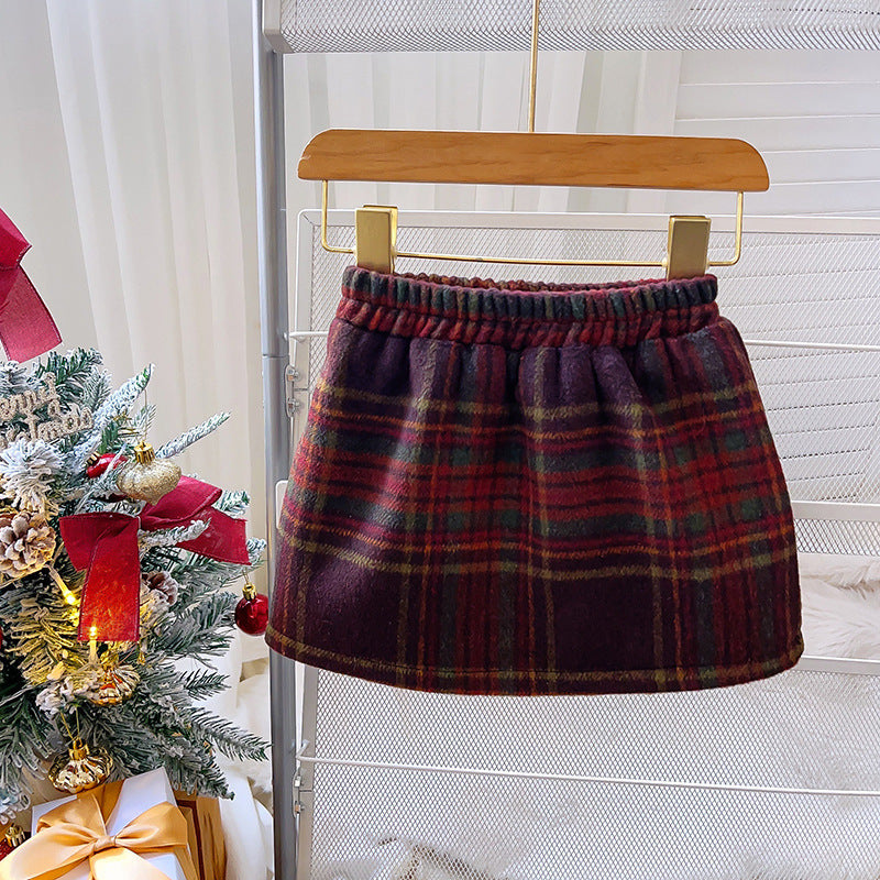 Girls' Wool Plaid Cape Skirt Two-piece Set