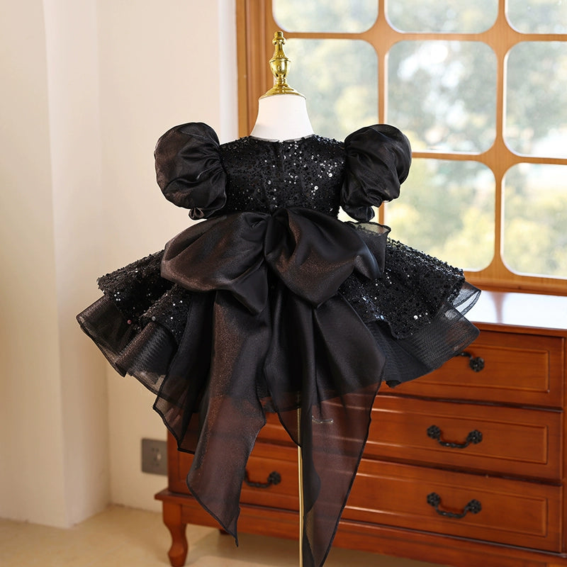Black Children's Birthday Dress Girls Puff Sleeve Princess Dress