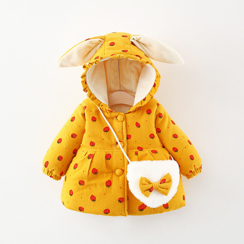 Girls' Winter Printed Bunny Ear Cotton Coat