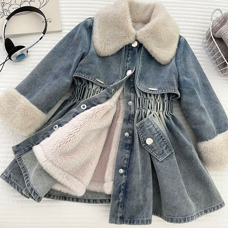 Girls' Winter Fleece-lined Slim-fit Denim Jacket Dress
