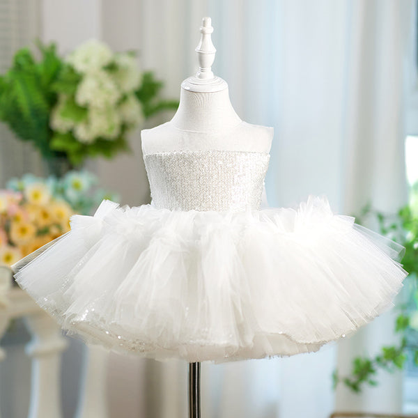 Girls White Birthday Princess Dress Flower Girl Wedding Sequin Dress