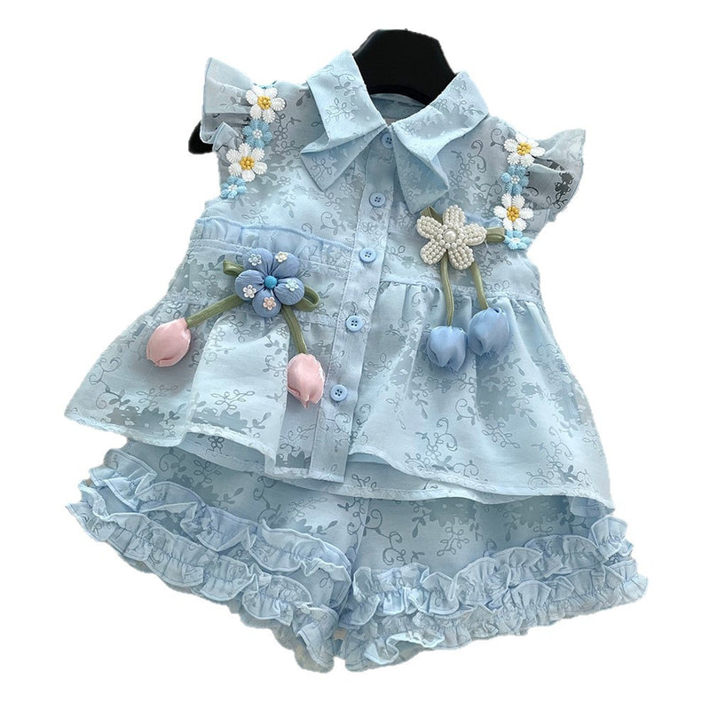 Girls Summer Suit Lace Shorts Two Piece Suit
