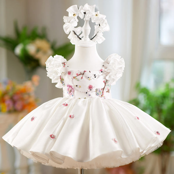 Girls White Birthday Satin Dress Flower Girl Puffy Princess Dress