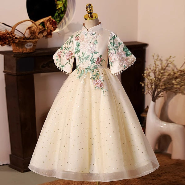 Elegant Baby Beige Buttoned Stand Collar With Embroidered Princess Dress Toddler Communion Dress