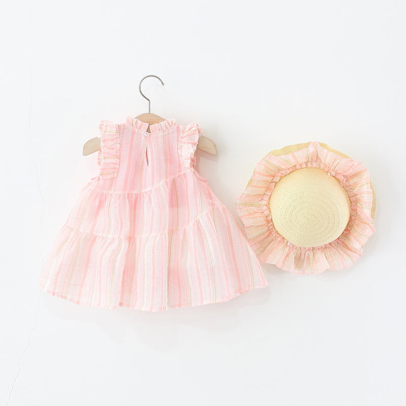 Girls Vertical Striped Tulip Fly Sleeve Dress