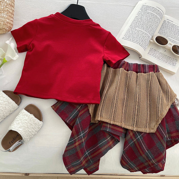 Girls Summer New Lace Stitching Plaid Top Skirt Two-piece Set