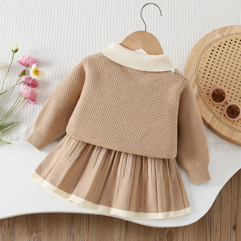 Girls' Solid Color Bow-knit Sweater Short Skirt Two-piece Set
