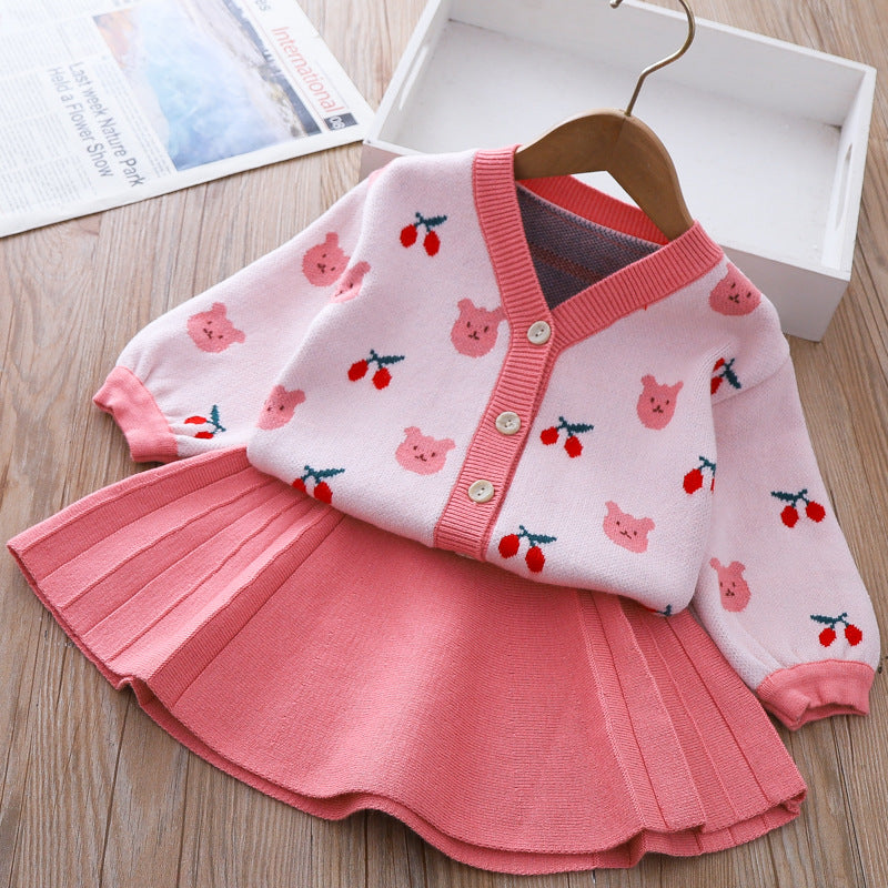 Cute Baby Girl Bear Sweater Dress Printed Two Piece Winter Dresses