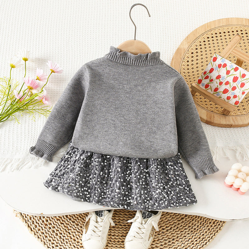 Girls' Diamond Knitted Cardigan Skirt Two-Piece Set