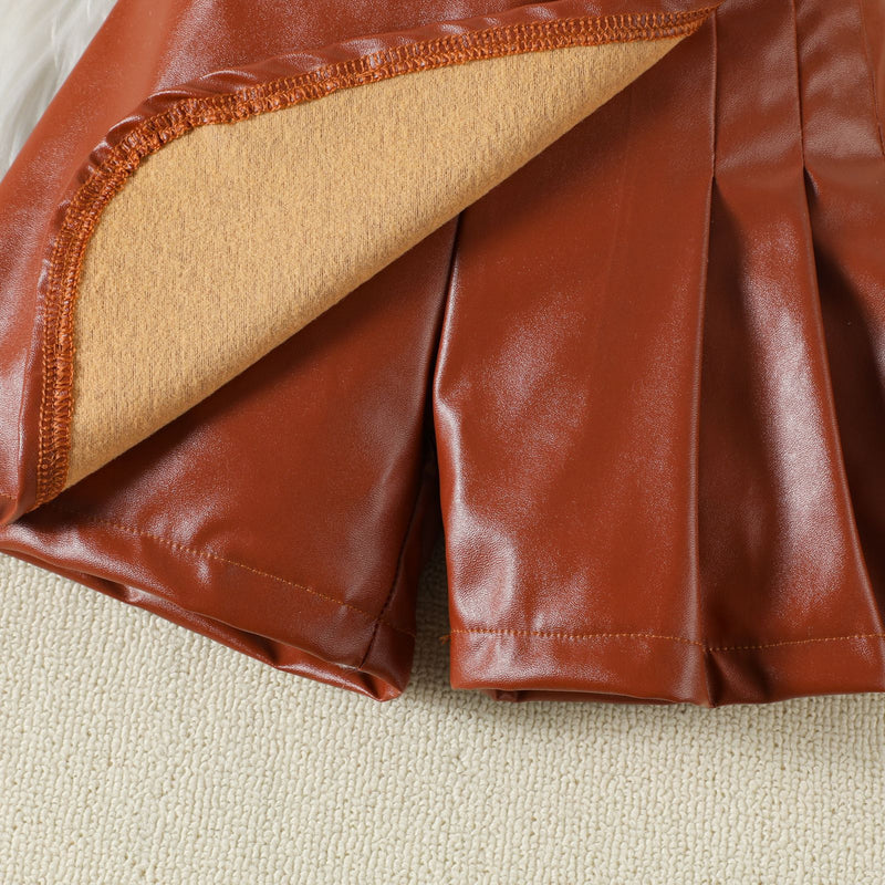 Girls Bowknot Camisole PU Leather Skirt Pants Two-piece Set