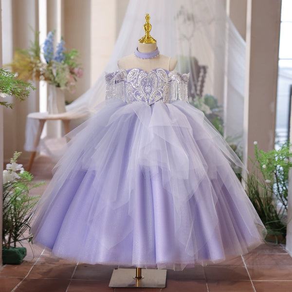 Girls Purple Prom Dress Children Birthday Princess Dress