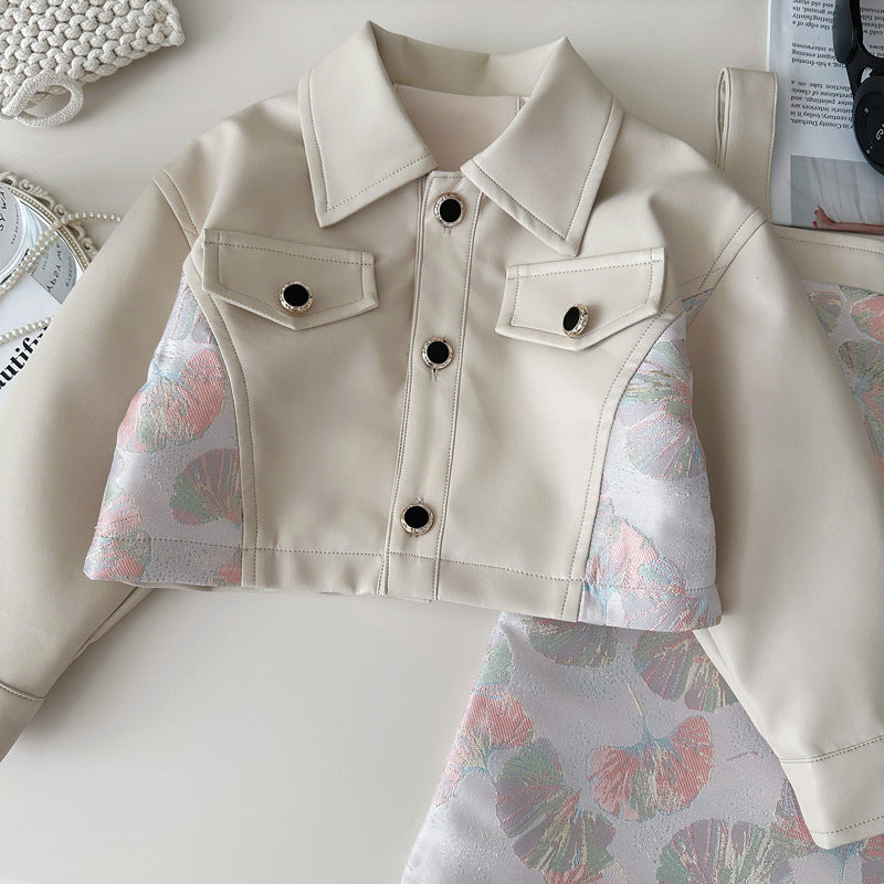 Girls' PU Leather Jacket and Printed Suspender Skirt Two-piece Set