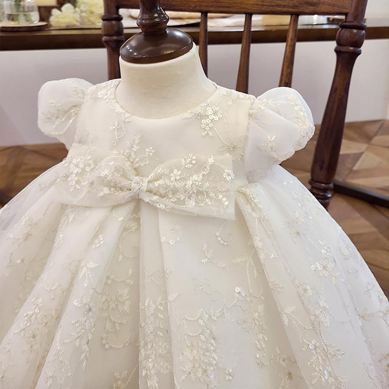 Flower Girl Patterned Puff Sleeve Bow-knot Communion dress