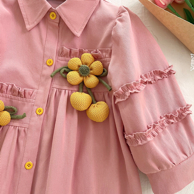 Girls New 3D Flower Long Sleeve Shirt Dress