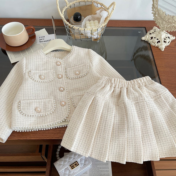 Girls' New Apricot Jacket and Pleated Skirt Two-piece Set