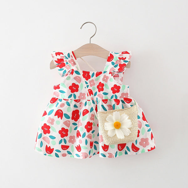 Toddler Dress Flying Sleeve Square Neck Floral Baby Girl Dress