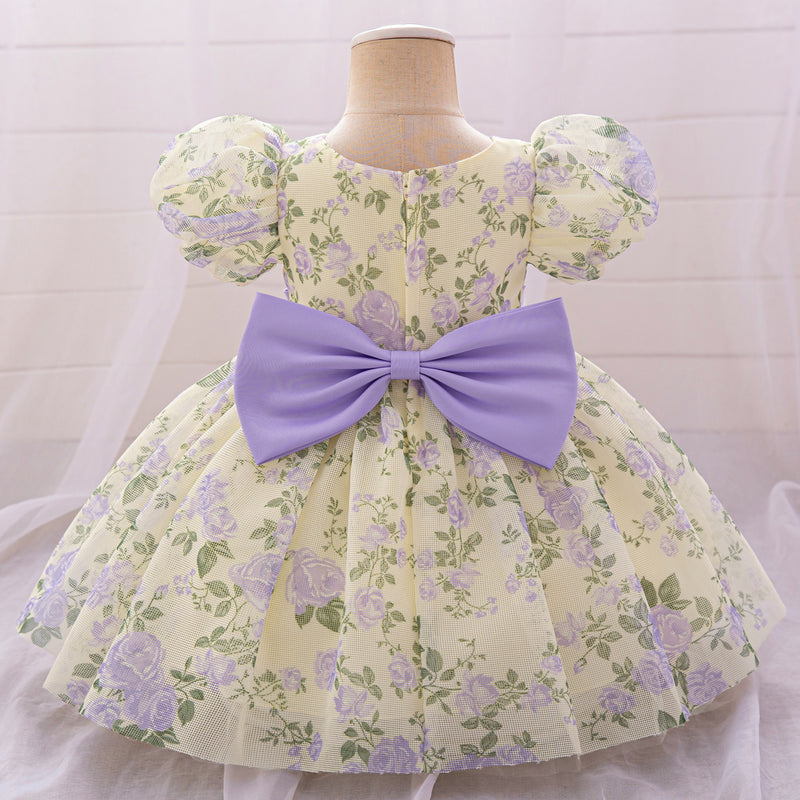 Cute Baby Girl Birthday Puff Sleeve Princess Dress Girl Flower Print Dress