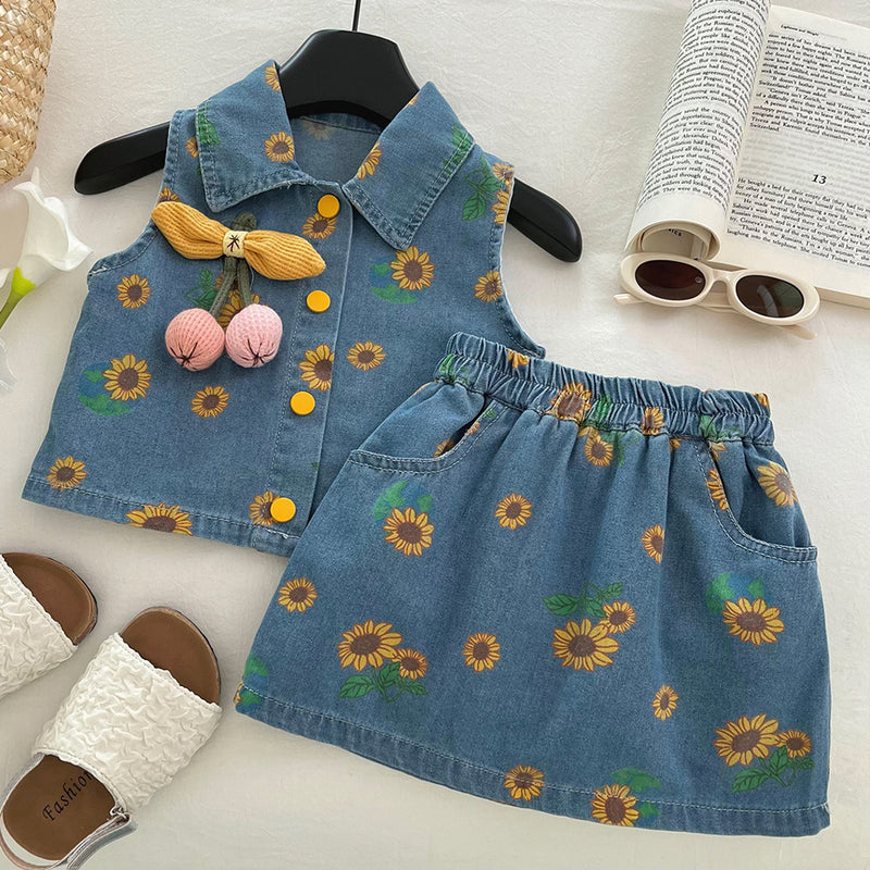 Girls Summer Printed Denim Top Skirt Two-Piece Set