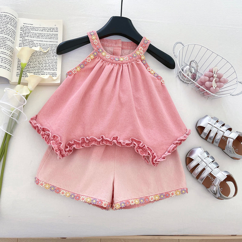 Girls Summer Bowknot Suspender Top Shorts Denim Two-Piece Set