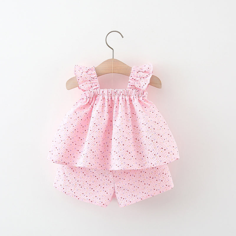 Baby Girls Cute Suit Girls Flying Sleeve Bowknot Dress Shorts Two-piece Suit