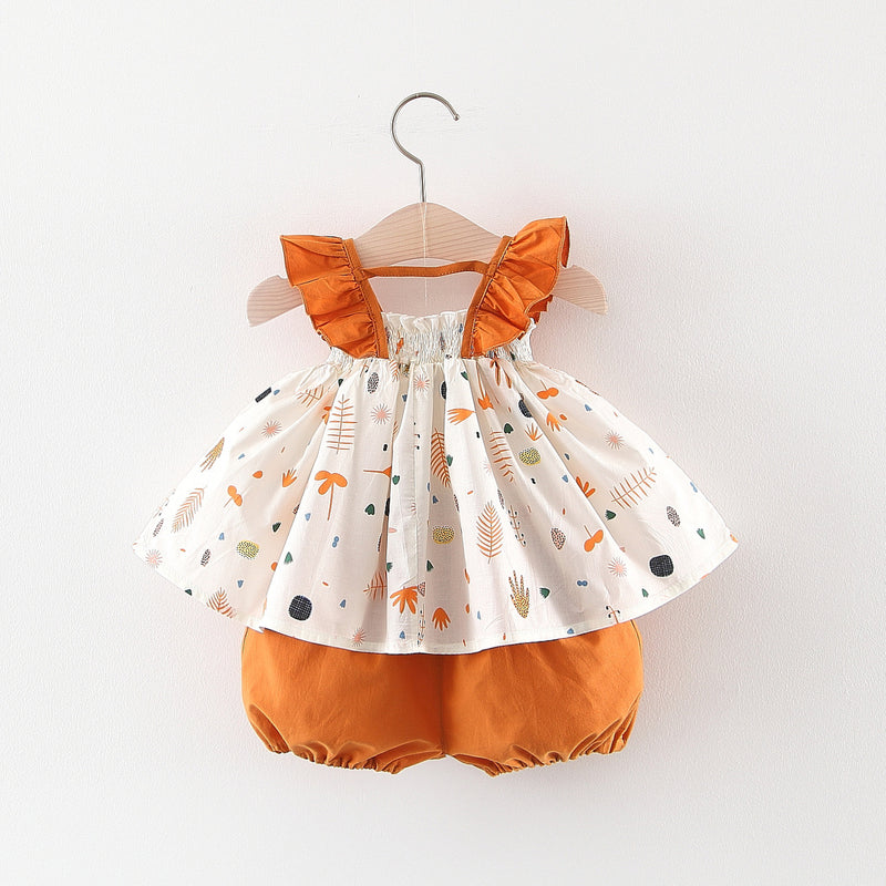 New Summer Girls' Printed Vest Suspenders Two-piece Set