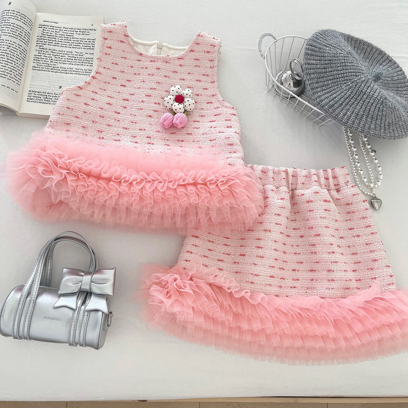 Girls' 3D Floral Mesh Lace Vest Skirt Two-piece Set